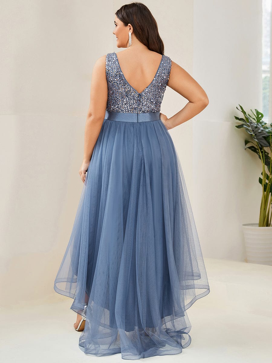 Elegant Glittery Plus Size Evening Dress with Chic Asymmetrical Deep V-Neck Hem - Image 35