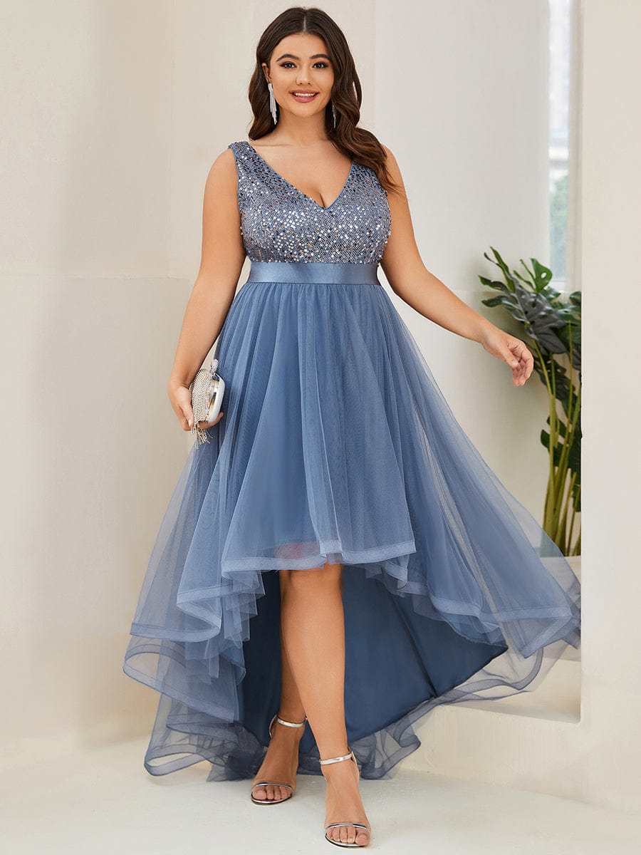Elegant Glittery Plus Size Evening Dress with Chic Asymmetrical Deep V-Neck Hem - Image 37