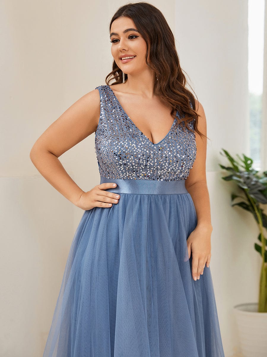 Elegant Glittery Plus Size Evening Dress with Chic Asymmetrical Deep V-Neck Hem - Image 38