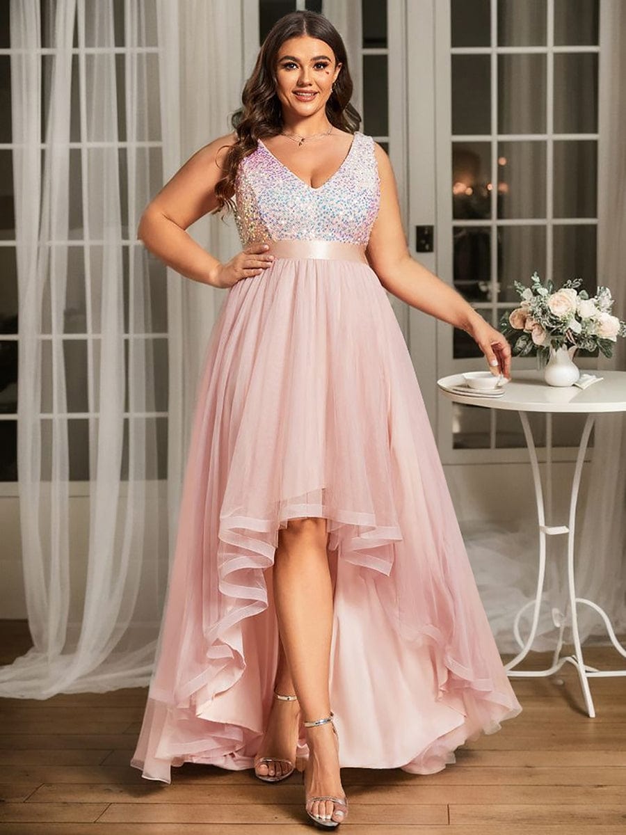 Elegant Glittery Plus Size Evening Dress with Chic Asymmetrical Deep V-Neck Hem - Image 40