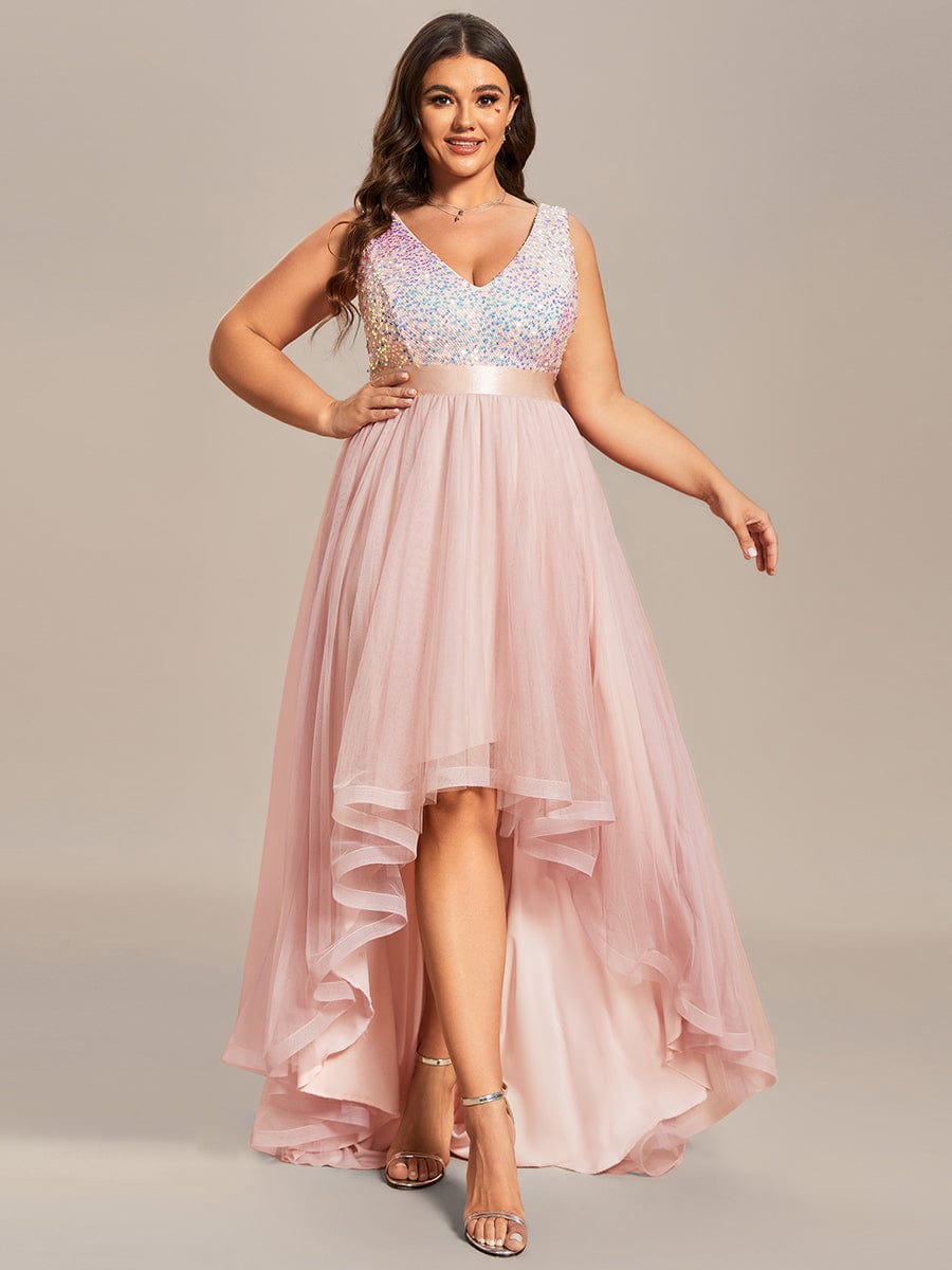 Elegant Glittery Plus Size Evening Dress with Chic Asymmetrical Deep V-Neck Hem - Image 39