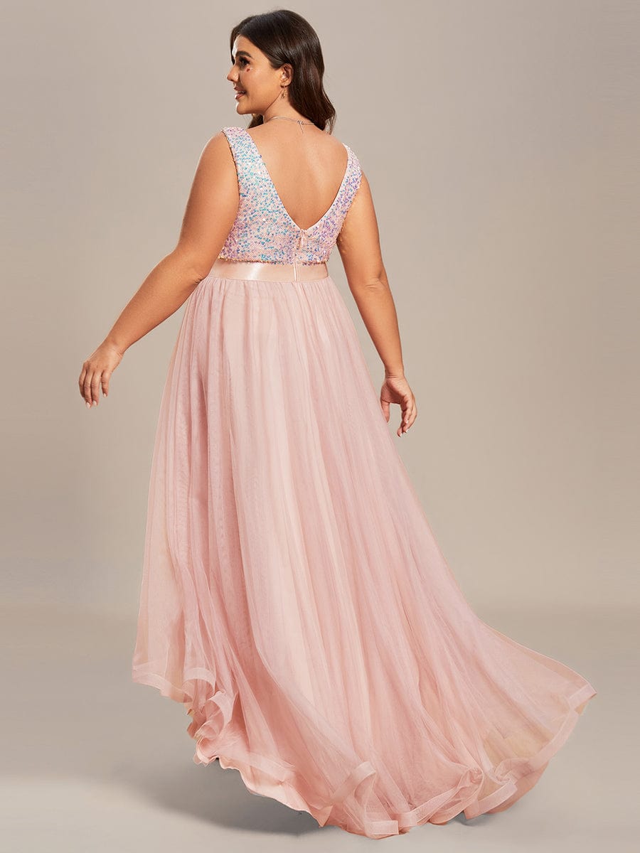 Elegant Glittery Plus Size Evening Dress with Chic Asymmetrical Deep V-Neck Hem - Image 41