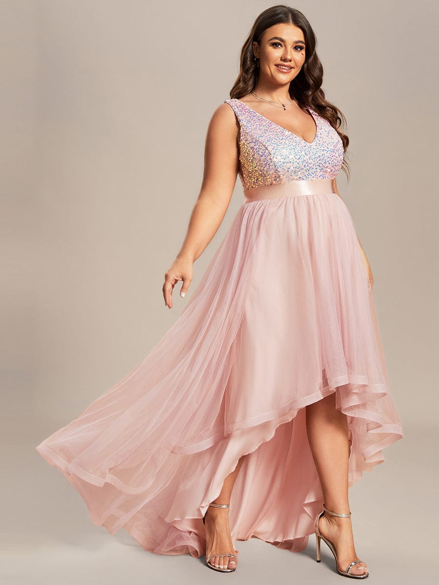 Elegant Glittery Plus Size Evening Dress with Chic Asymmetrical Deep V-Neck Hem - Image 42