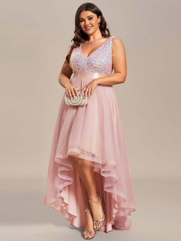 Elegant Glittery Plus Size Evening Dress with Chic Asymmetrical Deep V-Neck Hem - Image 43
