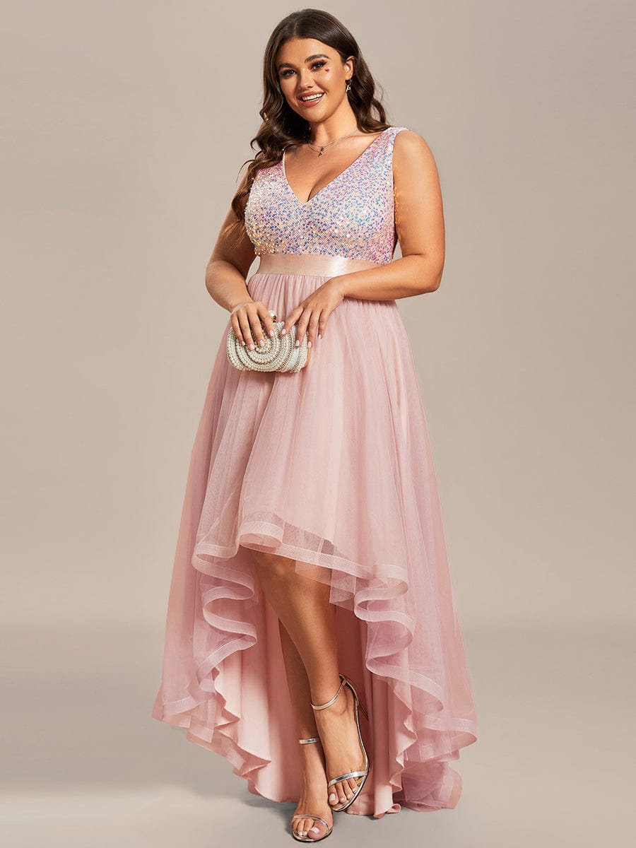 Elegant Glittery Plus Size Evening Dress with Chic Asymmetrical Deep V-Neck Hem - Image 43