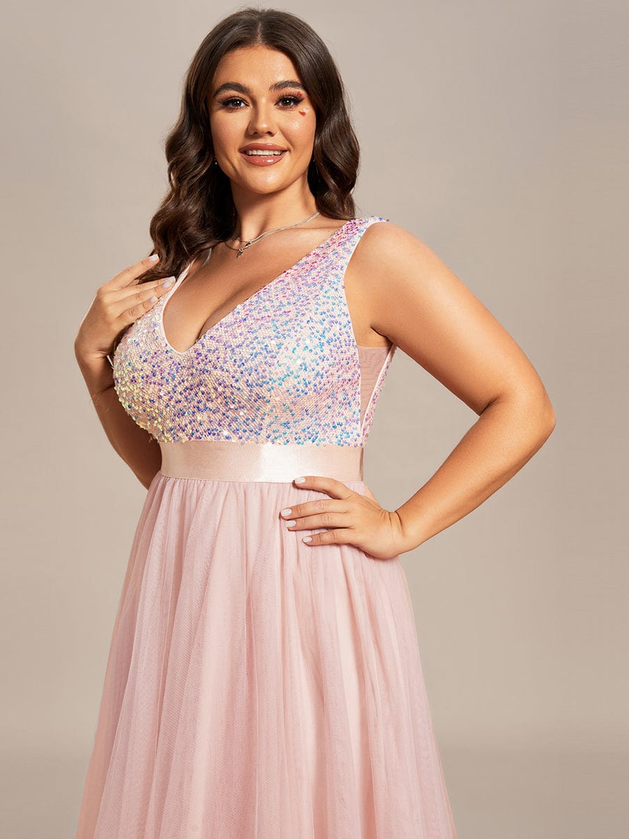 Elegant Glittery Plus Size Evening Dress with Chic Asymmetrical Deep V-Neck Hem - Image 44