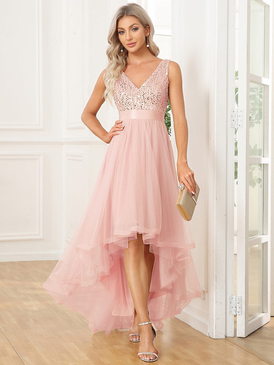 Elegant Glittery Plus Size Evening Dress with Chic Asymmetrical Deep V-Neck Hem - Image 45