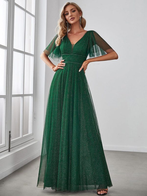 Elegant Golden Stamped Ruffle Sleeve Evening Gown - Image 31