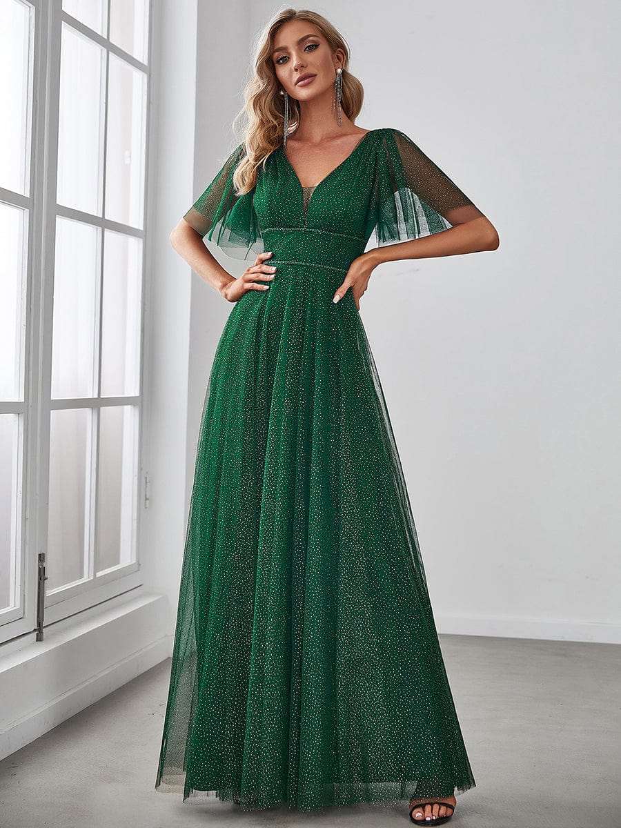 Elegant Golden Stamped Ruffle Sleeve Evening Gown - Image 31