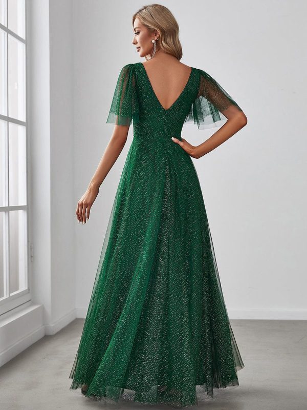 Elegant Golden Stamped Ruffle Sleeve Evening Gown - Image 35