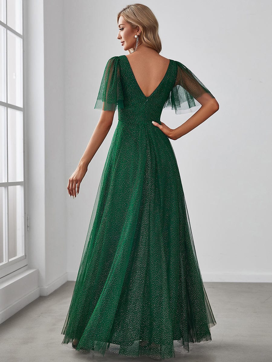 Elegant Golden Stamped Ruffle Sleeve Evening Gown - Image 35