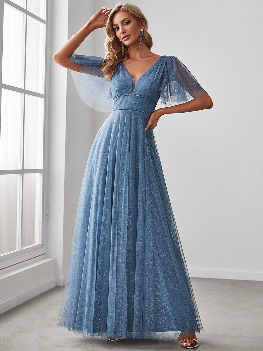 Elegant Golden Stamped Ruffle Sleeve Evening Gown - Image 34
