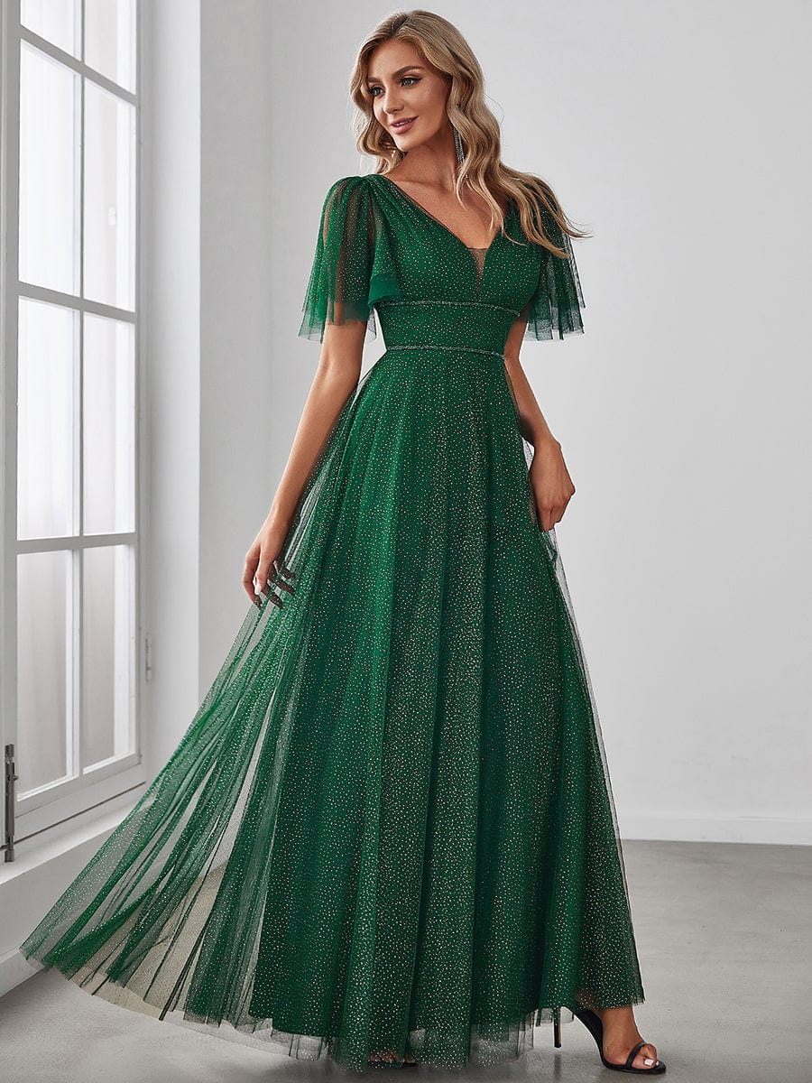 Elegant Golden Stamped Ruffle Sleeve Evening Gown - Image 36
