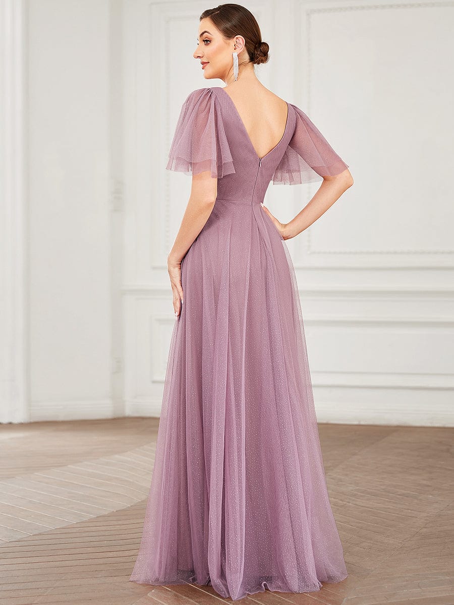 Elegant Golden Stamped Ruffle Sleeve Evening Gown - Image 44