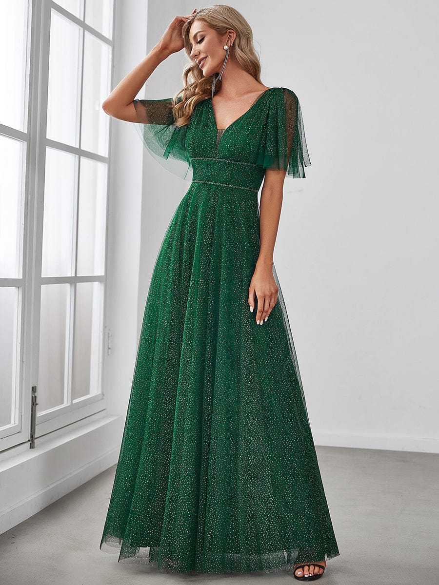 Elegant Golden Stamped Ruffle Sleeve Evening Gown - Image 37