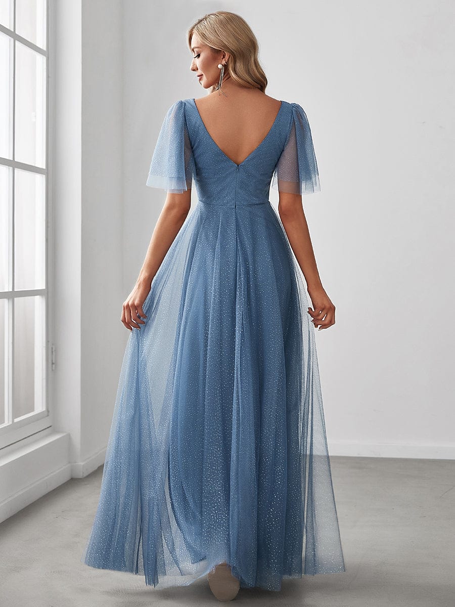 Elegant Golden Stamped Ruffle Sleeve Evening Gown - Image 38
