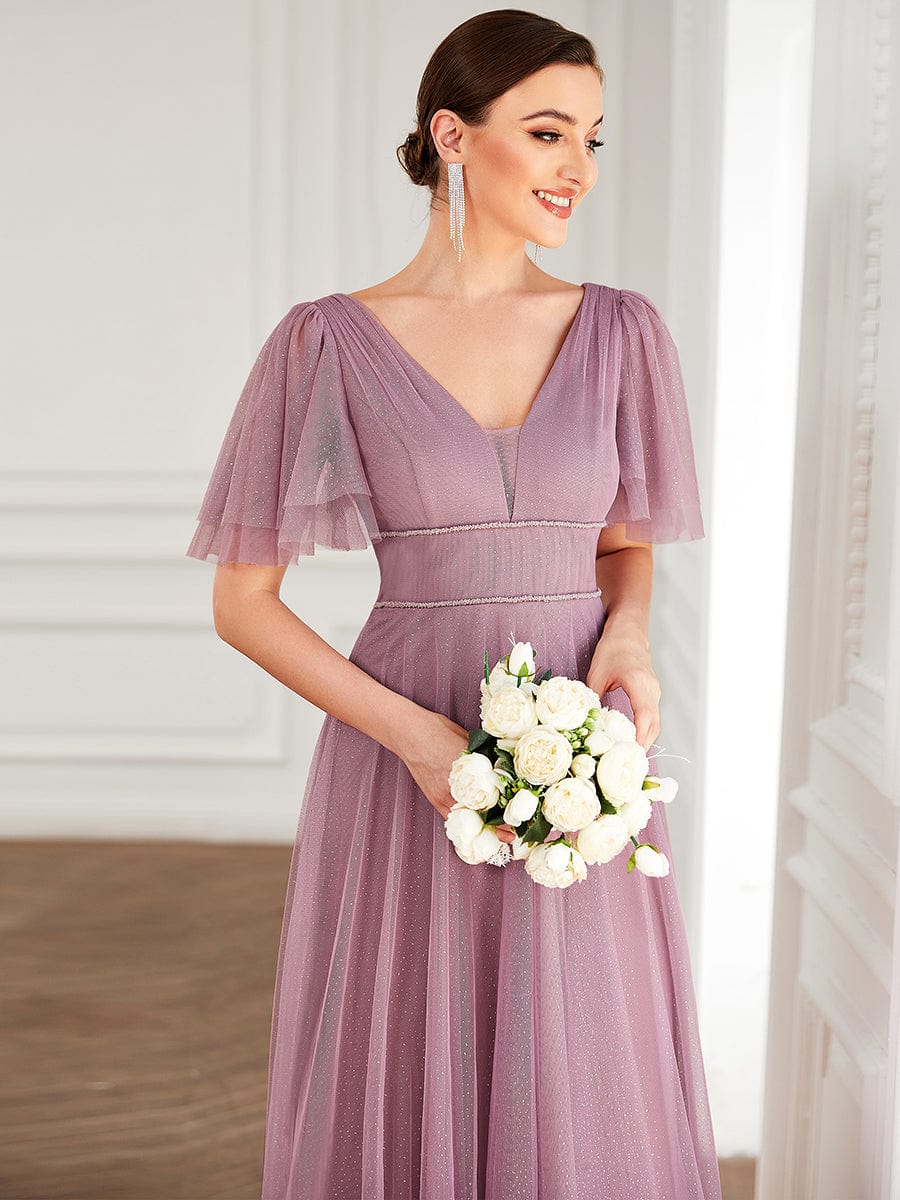 Elegant Golden Stamped Ruffle Sleeve Evening Gown - Image 43