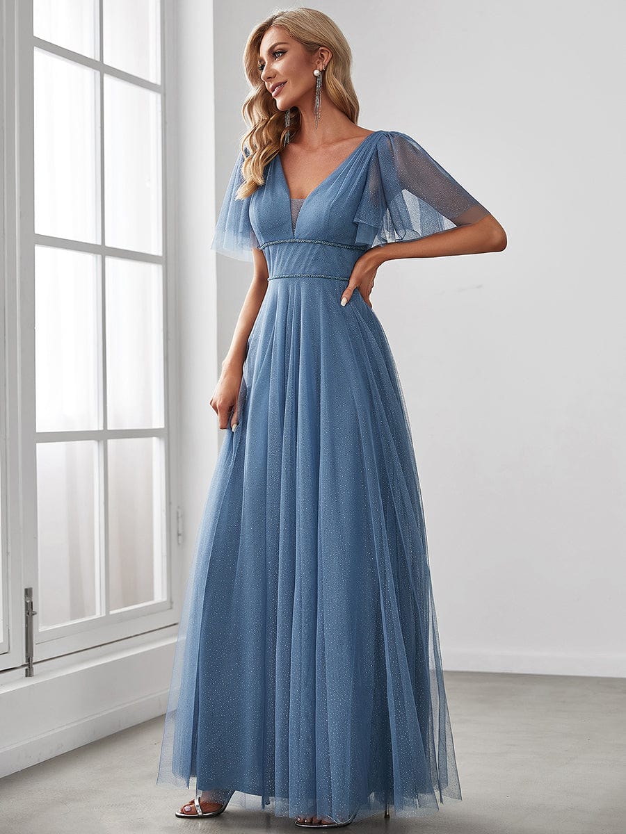 Elegant Golden Stamped Ruffle Sleeve Evening Gown - Image 40