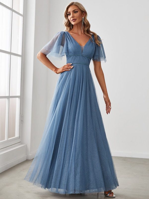 Elegant Golden Stamped Ruffle Sleeve Evening Gown - Image 41