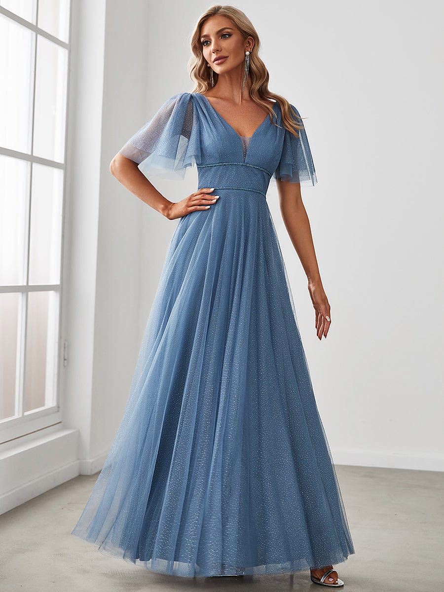 Elegant Golden Stamped Ruffle Sleeve Evening Gown - Image 41