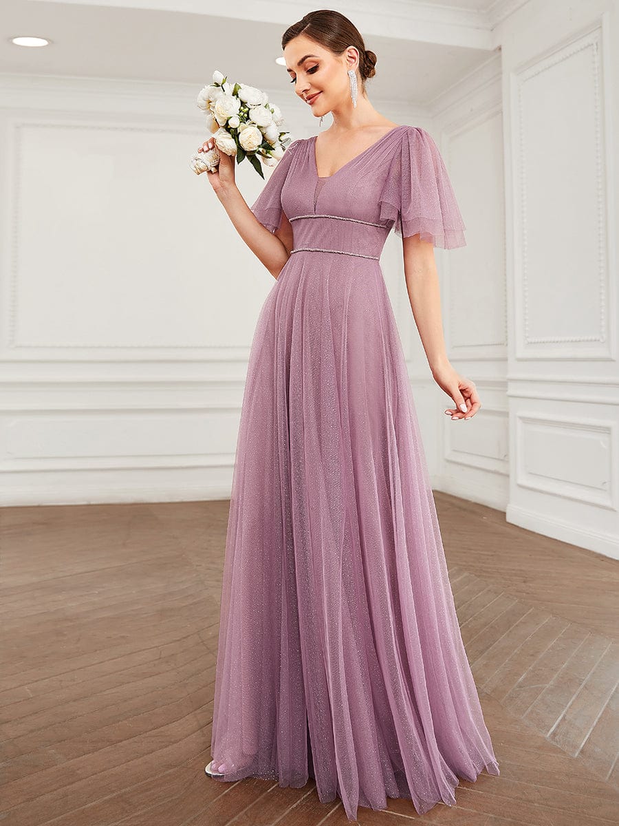 Elegant Golden Stamped Ruffle Sleeve Evening Gown - Image 45