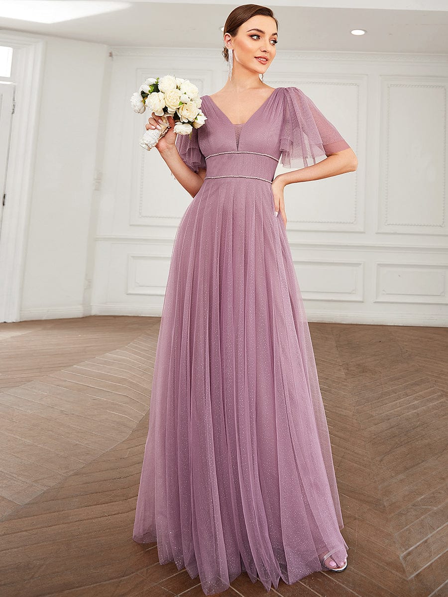 Elegant Golden Stamped Ruffle Sleeve Evening Gown - Image 47