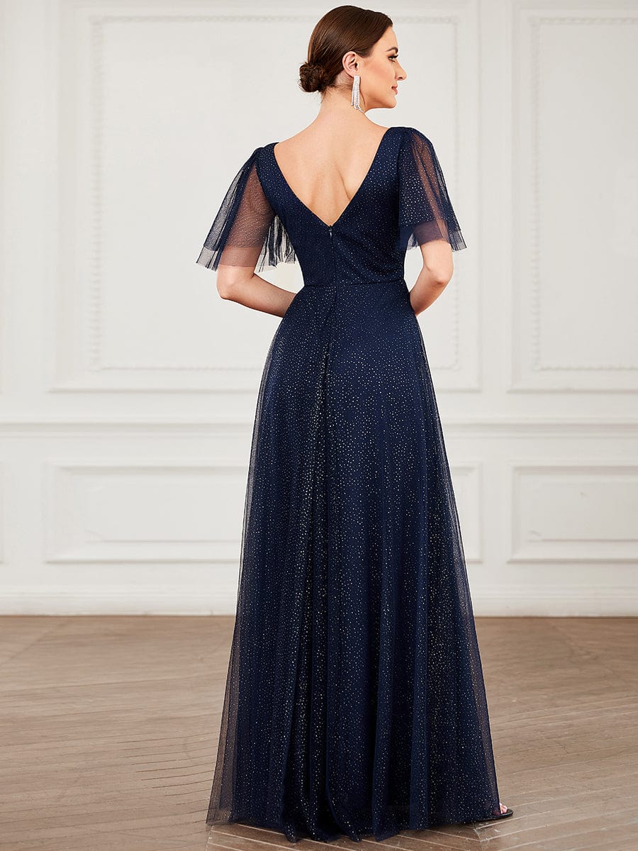 Elegant Golden Stamped Ruffle Sleeve Evening Gown - Image 46