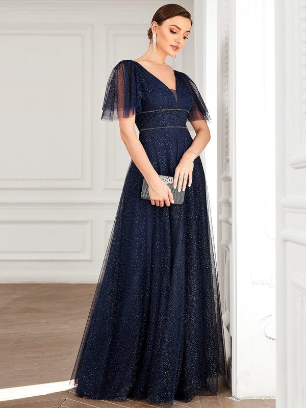 Elegant Golden Stamped Ruffle Sleeve Evening Gown - Image 48