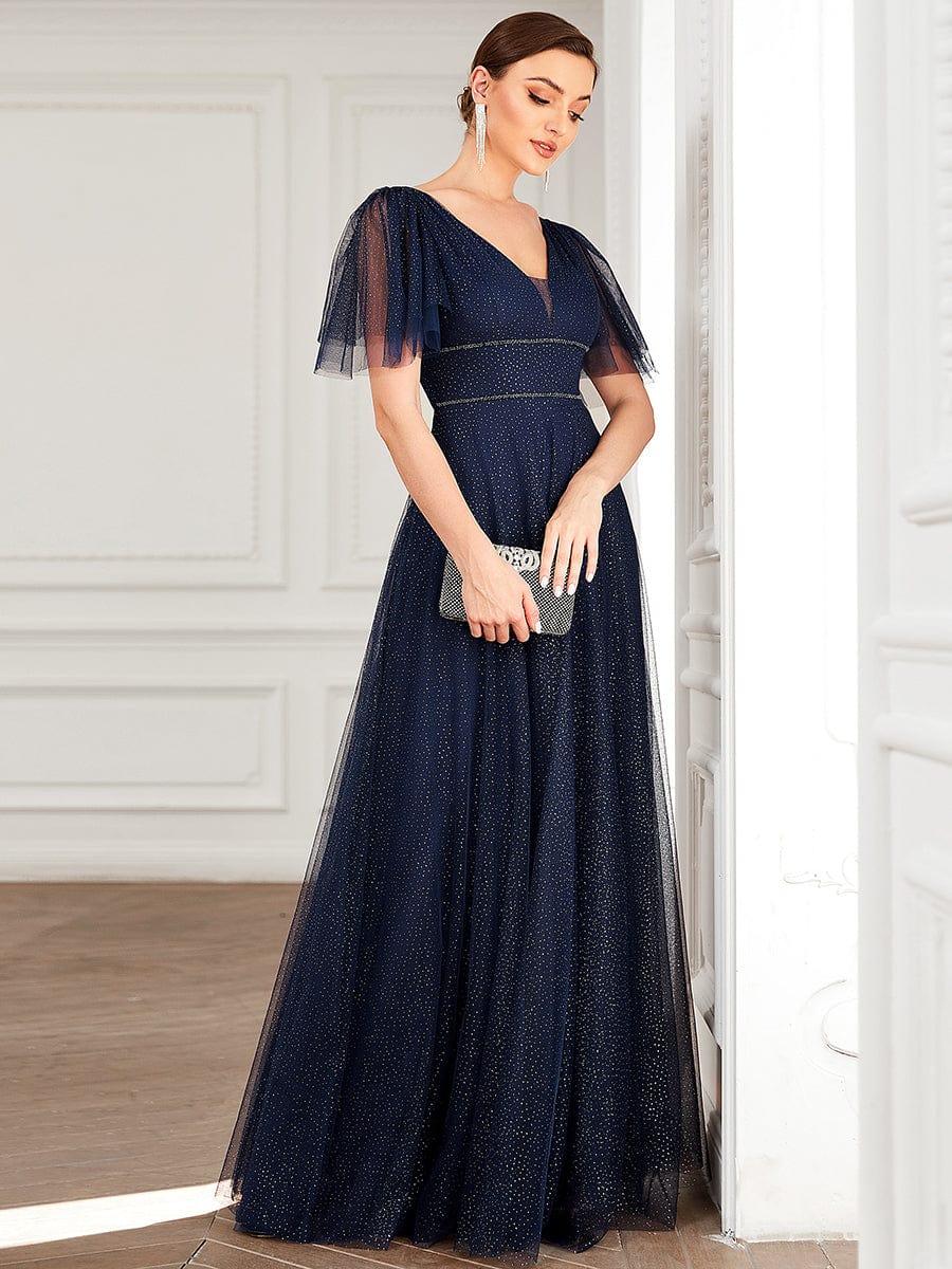 Elegant Golden Stamped Ruffle Sleeve Evening Gown - Image 48