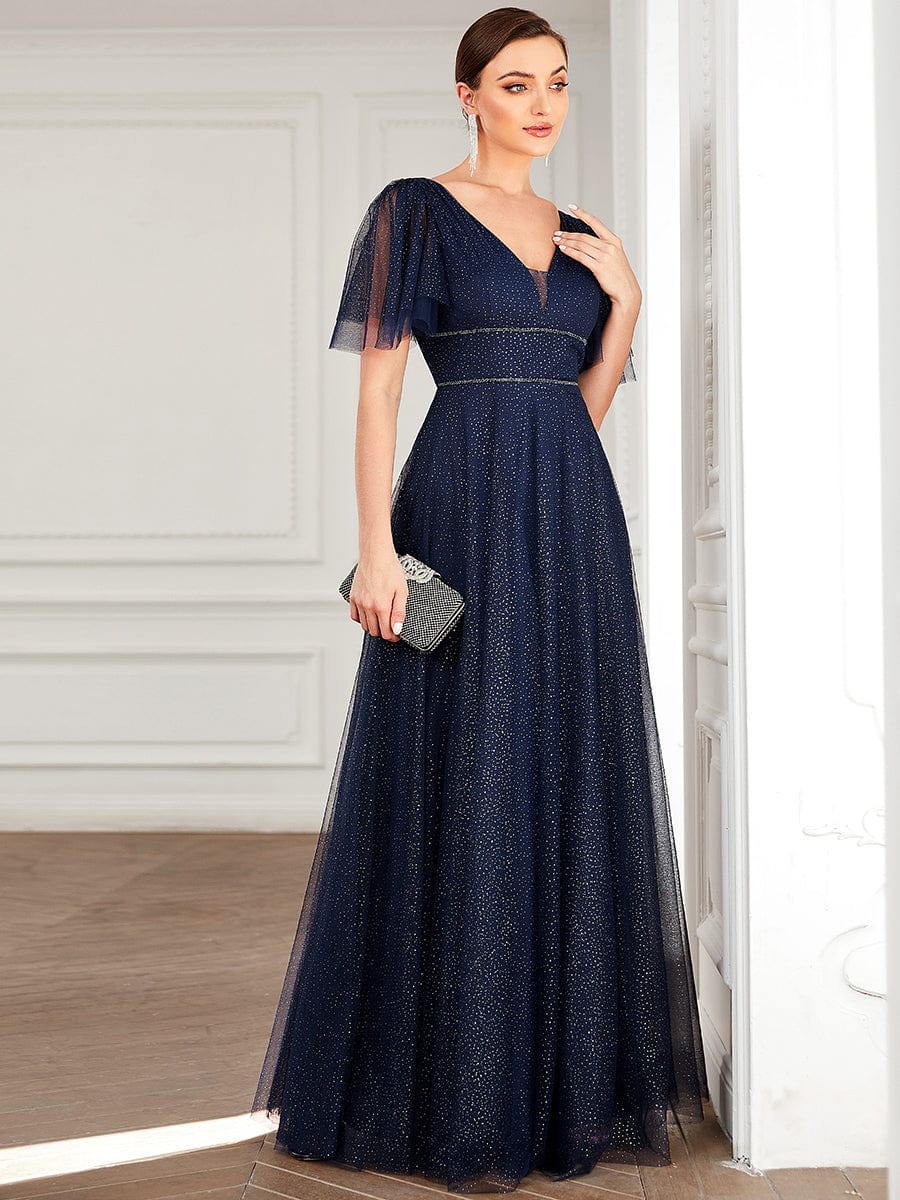Elegant Golden Stamped Ruffle Sleeve Evening Gown - Image 49