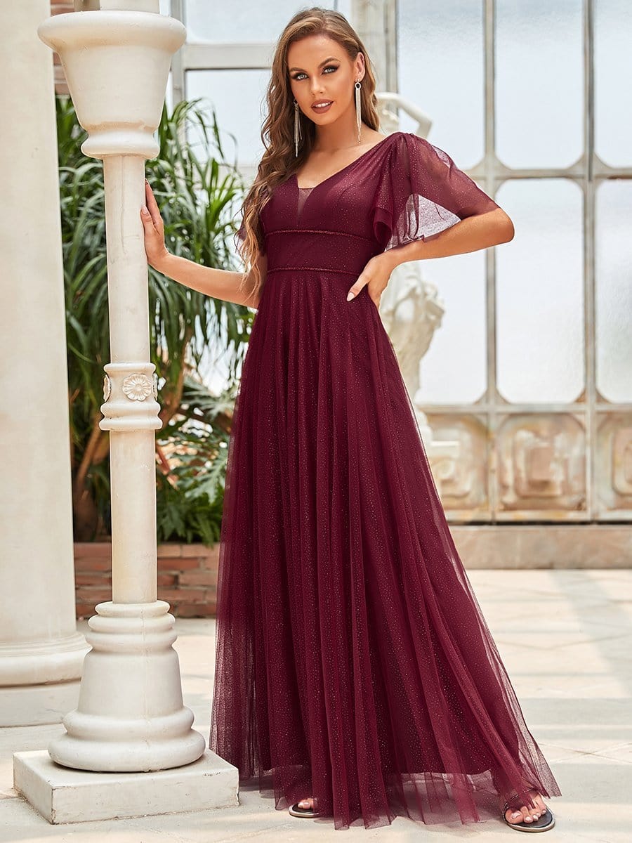 Elegant Golden Stamped Ruffle Sleeve Evening Gown - Image 13