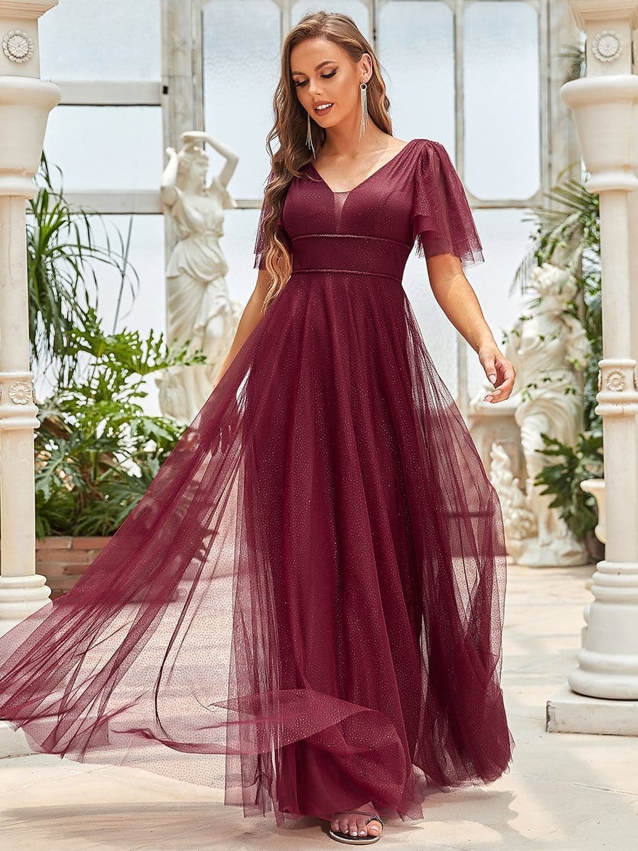 Elegant Golden Stamped Ruffle Sleeve Evening Gown - Image 16