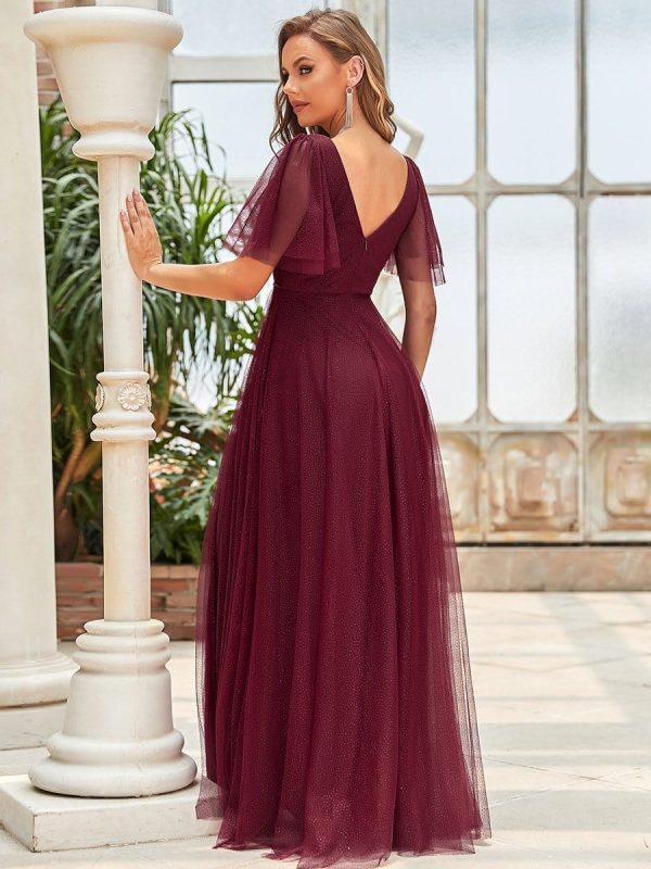 Elegant Golden Stamped Ruffle Sleeve Evening Gown - Image 14
