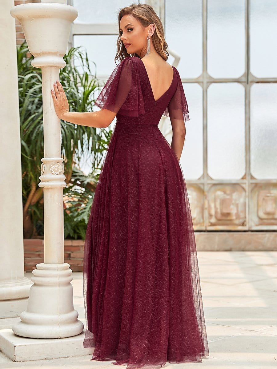Elegant Golden Stamped Ruffle Sleeve Evening Gown - Image 14