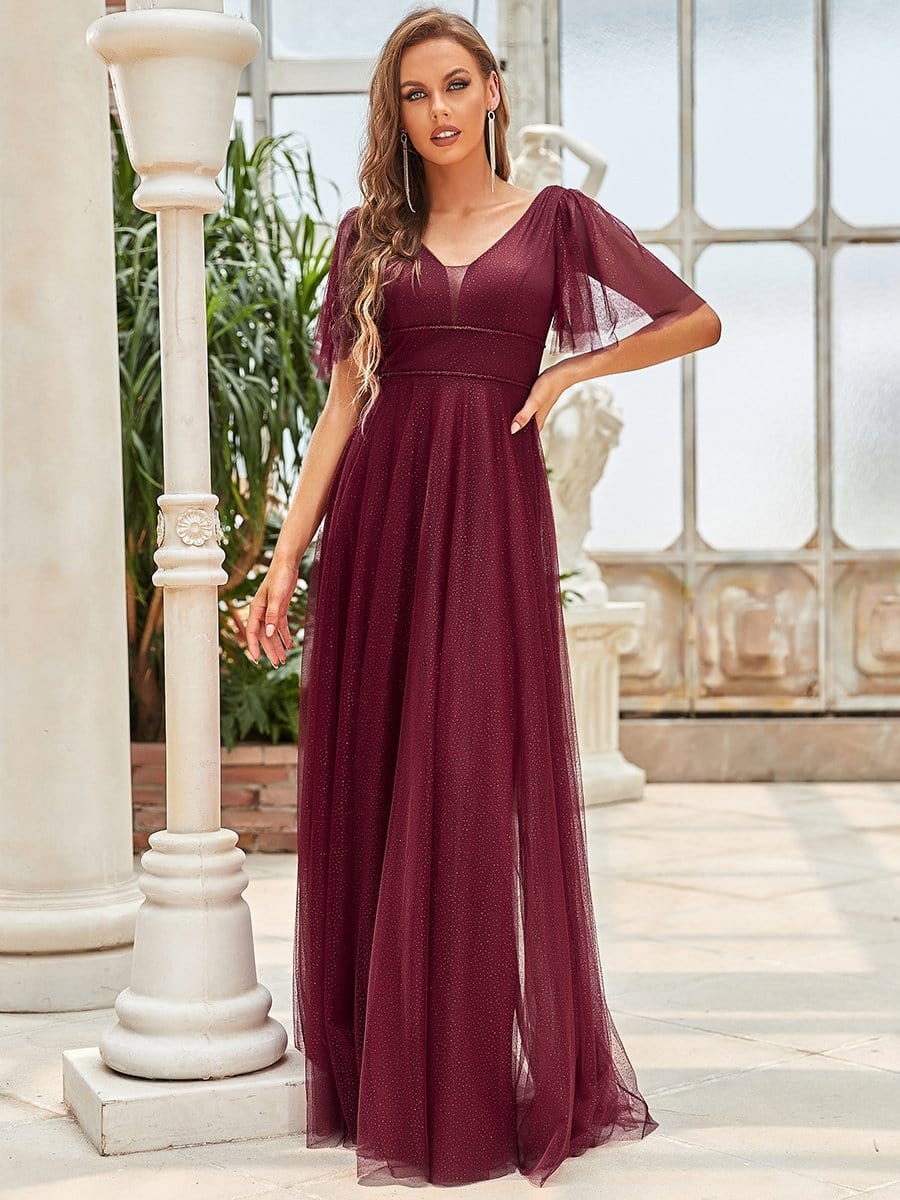 Elegant Golden Stamped Ruffle Sleeve Evening Gown - Image 15
