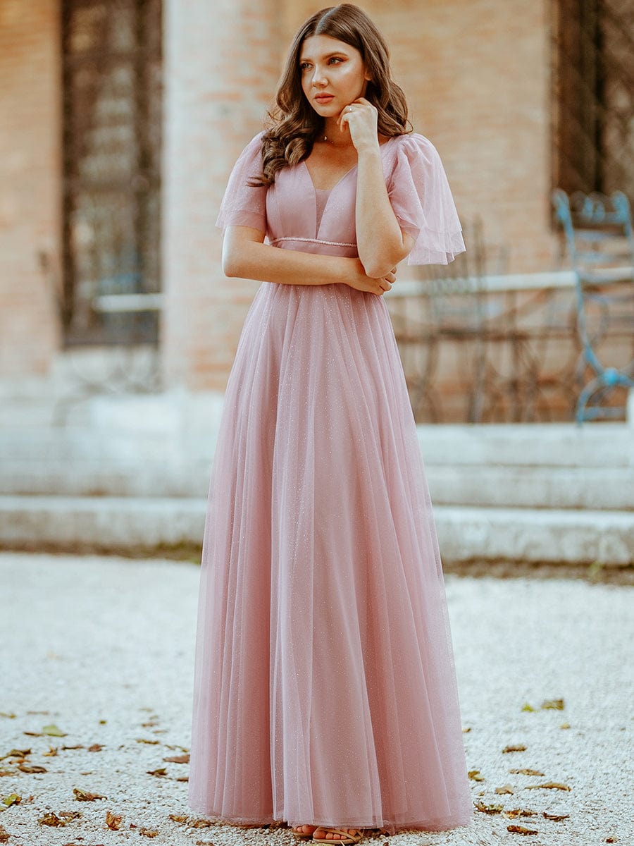Elegant Golden Stamped Ruffle Sleeve Evening Gown - Image 21