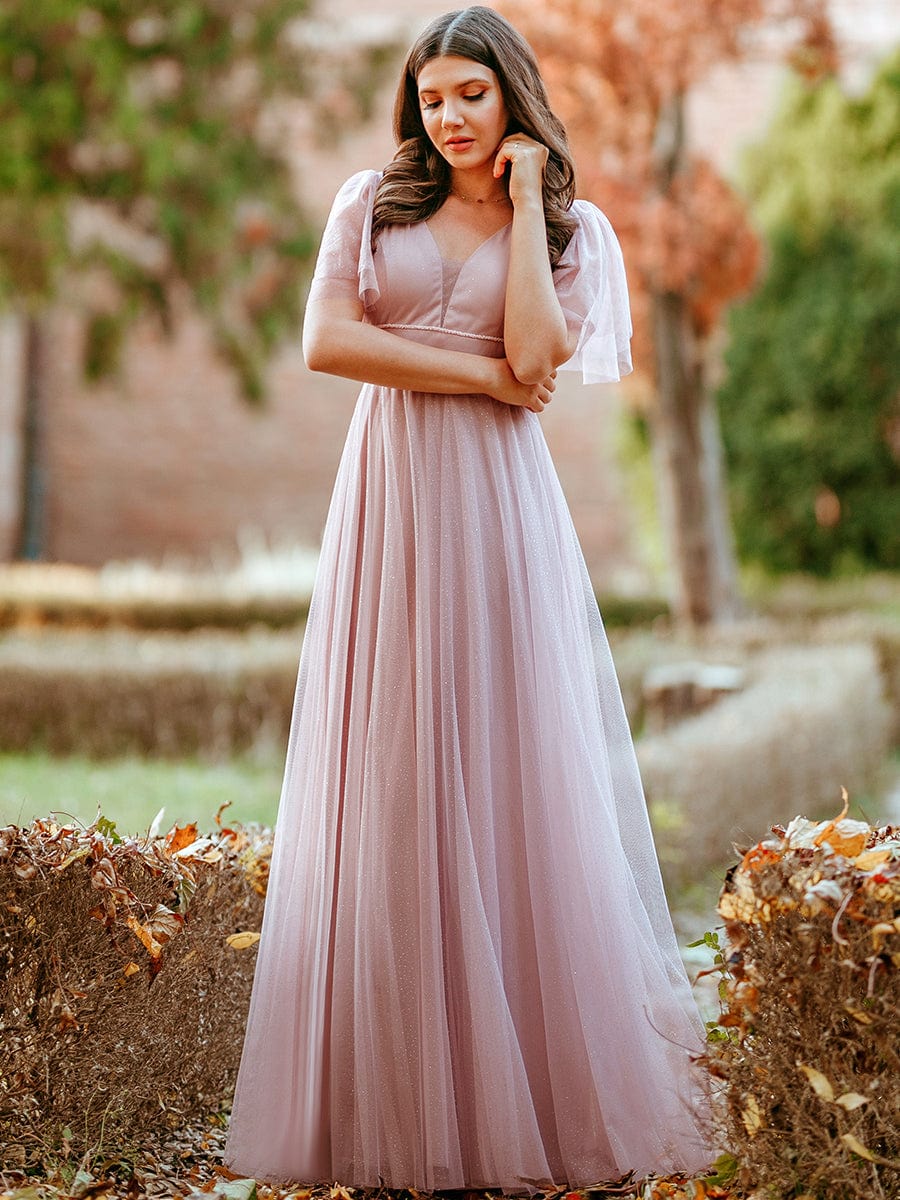 Elegant Golden Stamped Ruffle Sleeve Evening Gown - Image 18