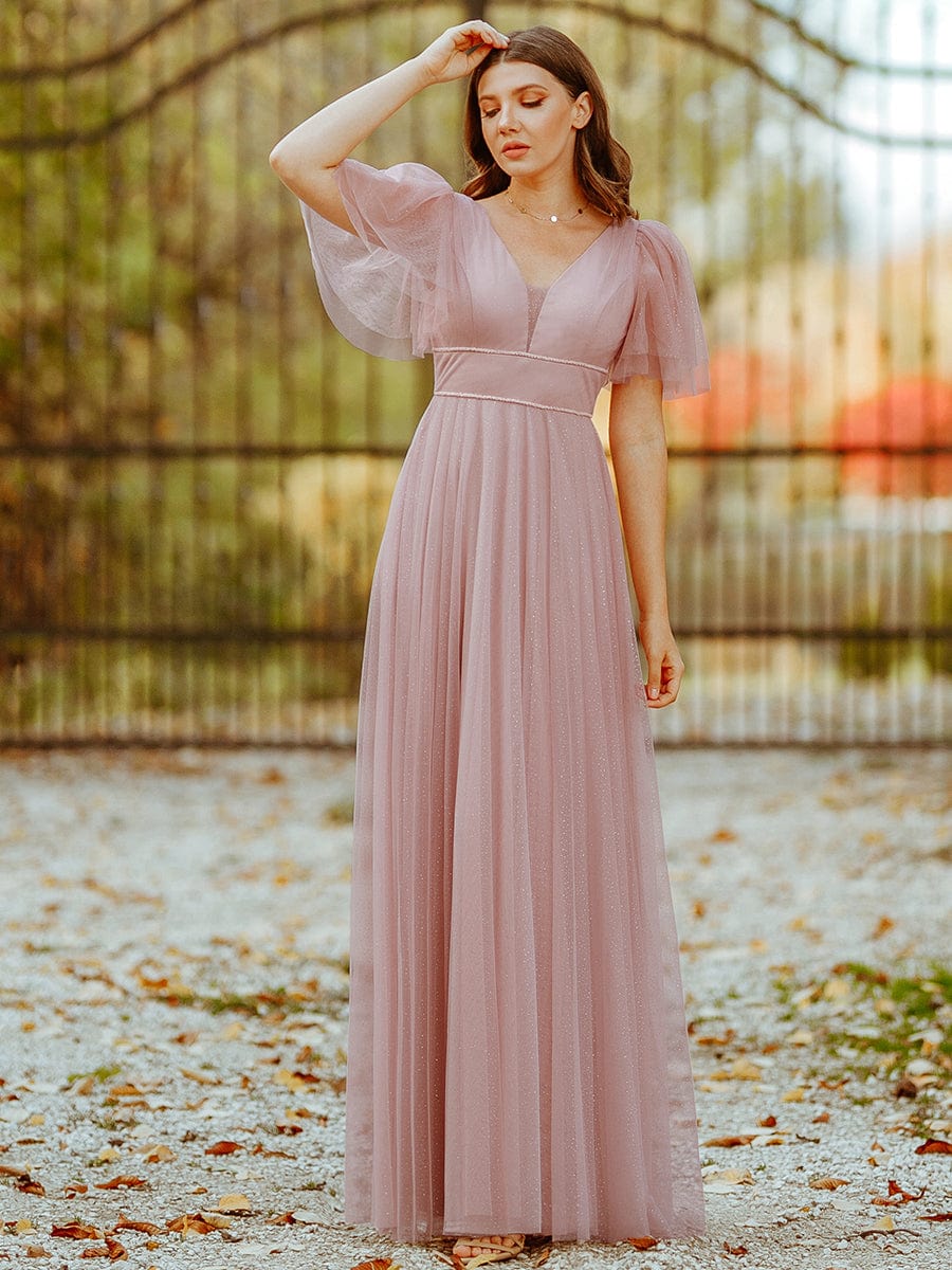 Elegant Golden Stamped Ruffle Sleeve Evening Gown - Image 20