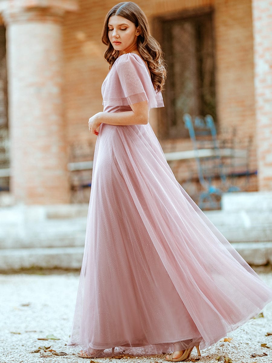Elegant Golden Stamped Ruffle Sleeve Evening Gown - Image 23