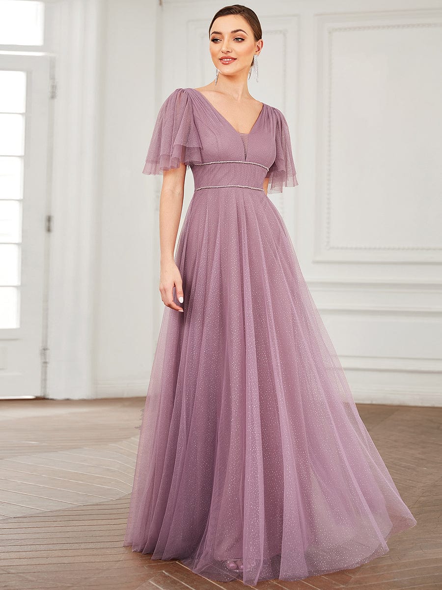 Elegant Golden Stamped Ruffle Sleeve Evening Gown - Image 28