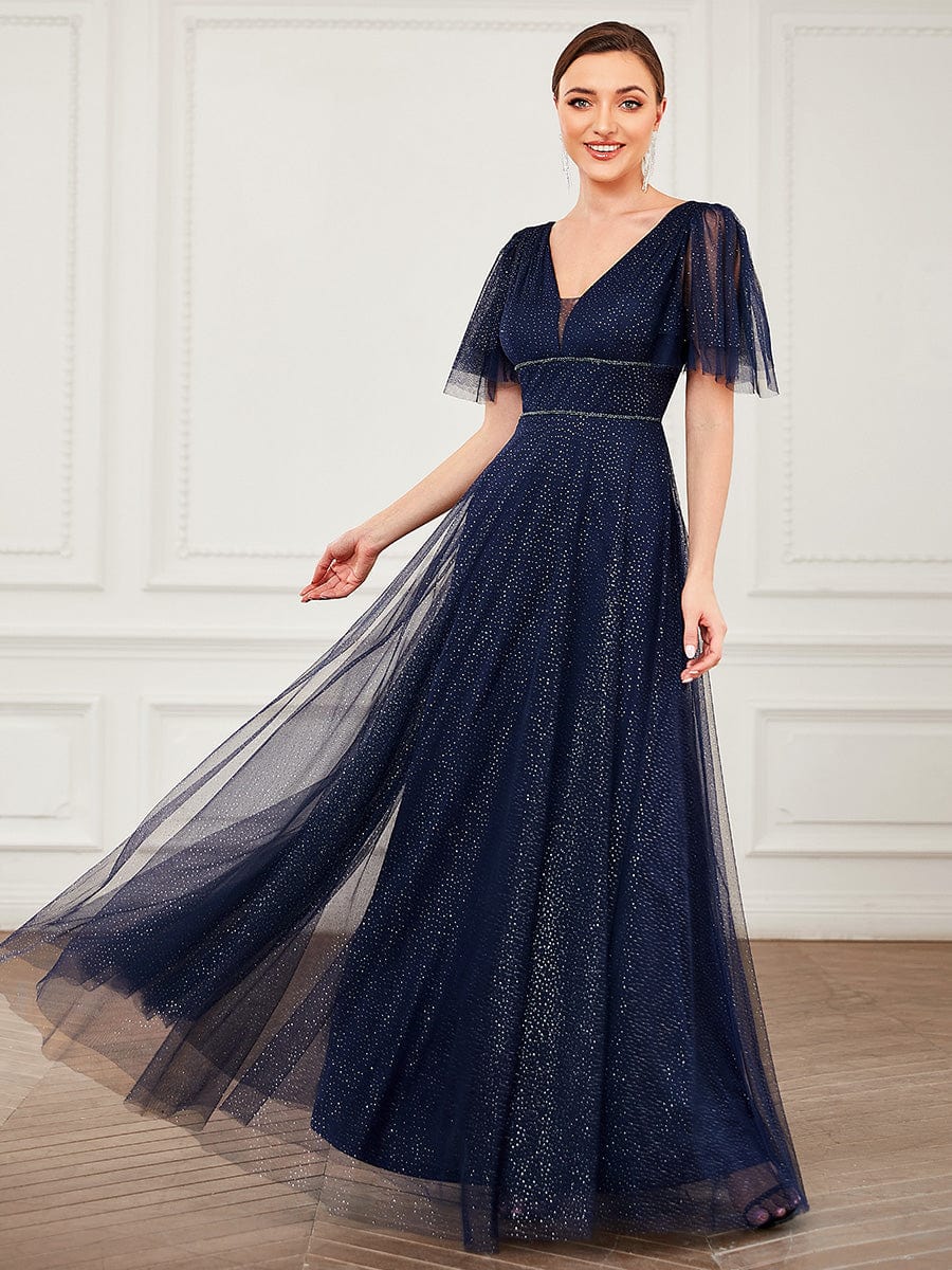 Elegant Golden Stamped Ruffle Sleeve Evening Gown - Image 29