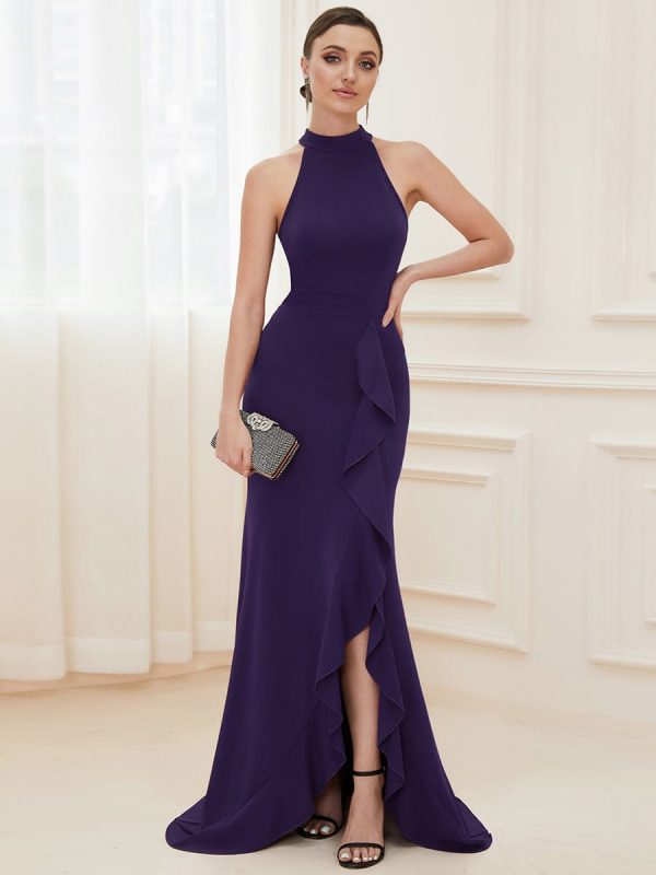Elegant Halter Neck Sleeveless Pencil Evening Gown - Image 45