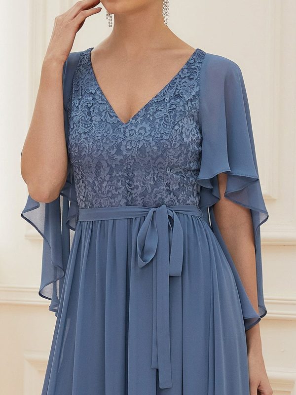 Elegant Lace Detail Deep V Neck Evening Gown - Image 34