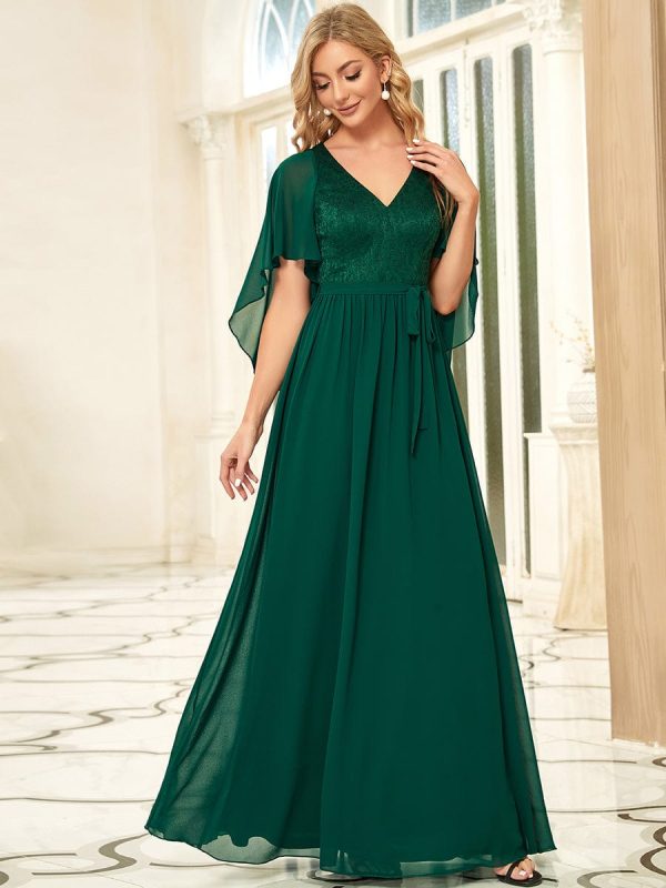 Elegant Lace Detail Deep V Neck Evening Gown - Image 36