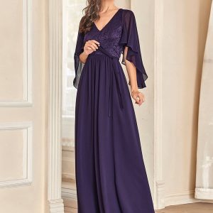 Elegant Lace Detail Deep V Neck Evening Gown