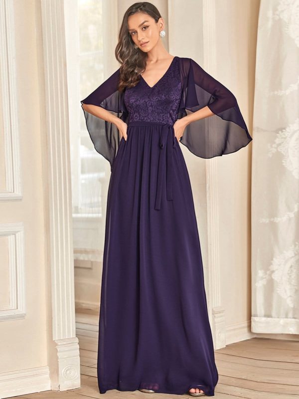 Elegant Lace Detail Deep V Neck Evening Gown - Image 3