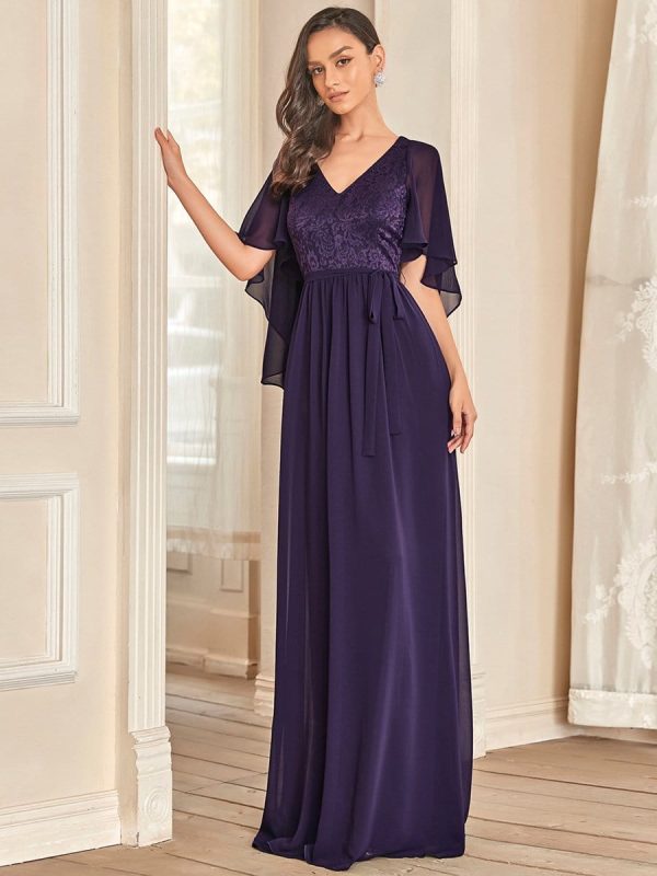 Elegant Lace Detail Deep V Neck Evening Gown - Image 4