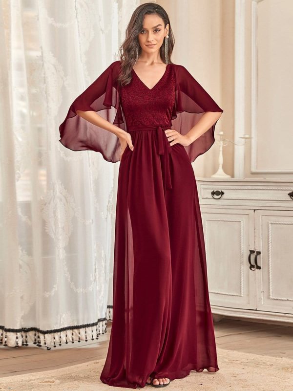 Elegant Lace Detail Deep V Neck Evening Gown - Image 6