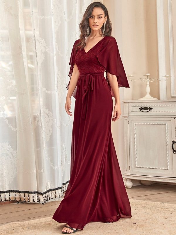 Elegant Lace Detail Deep V Neck Evening Gown - Image 9