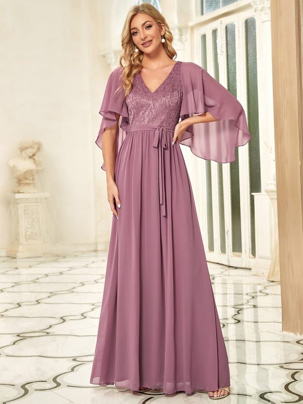 Elegant Lace Detail Deep V Neck Evening Gown - Image 15